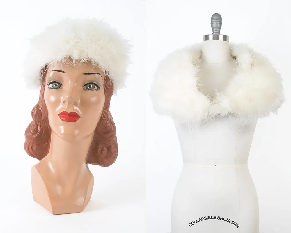 1960s White Marabou Feather Hat and Wrap Set