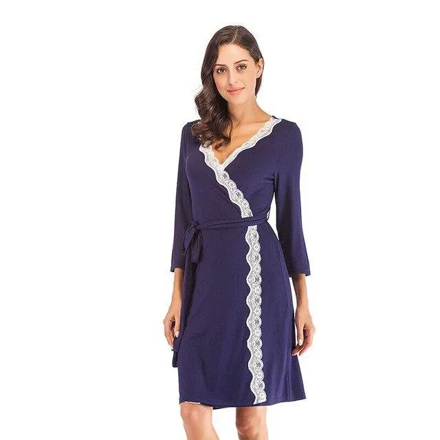 2019 Summer Women Sleepwear Robe Sexy Night Robes Long Sleeve Lace Patchwork Dressing Gown Kimono Robe Nightgown Woman Nightwear