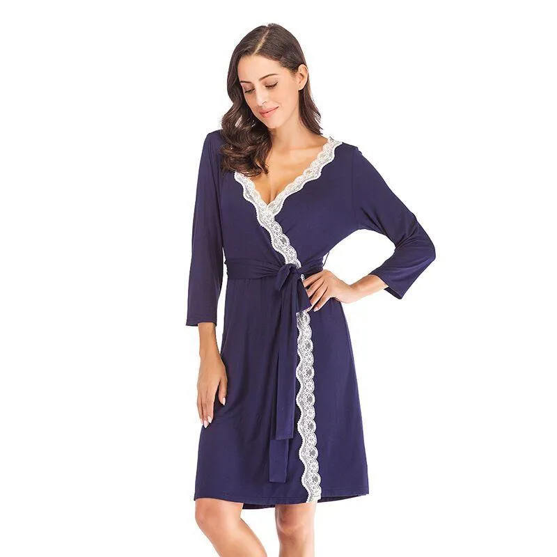 2019 Summer Women Sleepwear Robe Sexy Night Robes Long Sleeve Lace Patchwork Dressing Gown Kimono Robe Nightgown Woman Nightwear