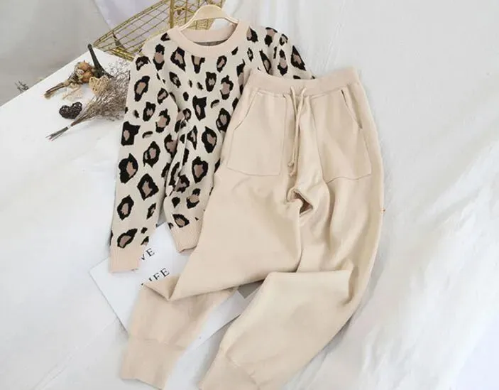 Amolapha Women Knit Leopard Pullover Sweaters Pants Sets Woman Fashion Jumpers Trousers 2 PCS Costumes Outfit 201007