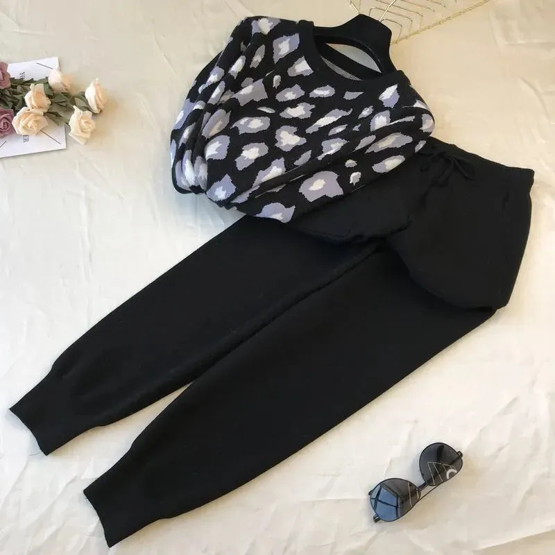 Amolapha Women Knit Leopard Pullover Sweaters Pants Sets Woman Fashion Jumpers Trousers 2 PCS Costumes Outfit 201007