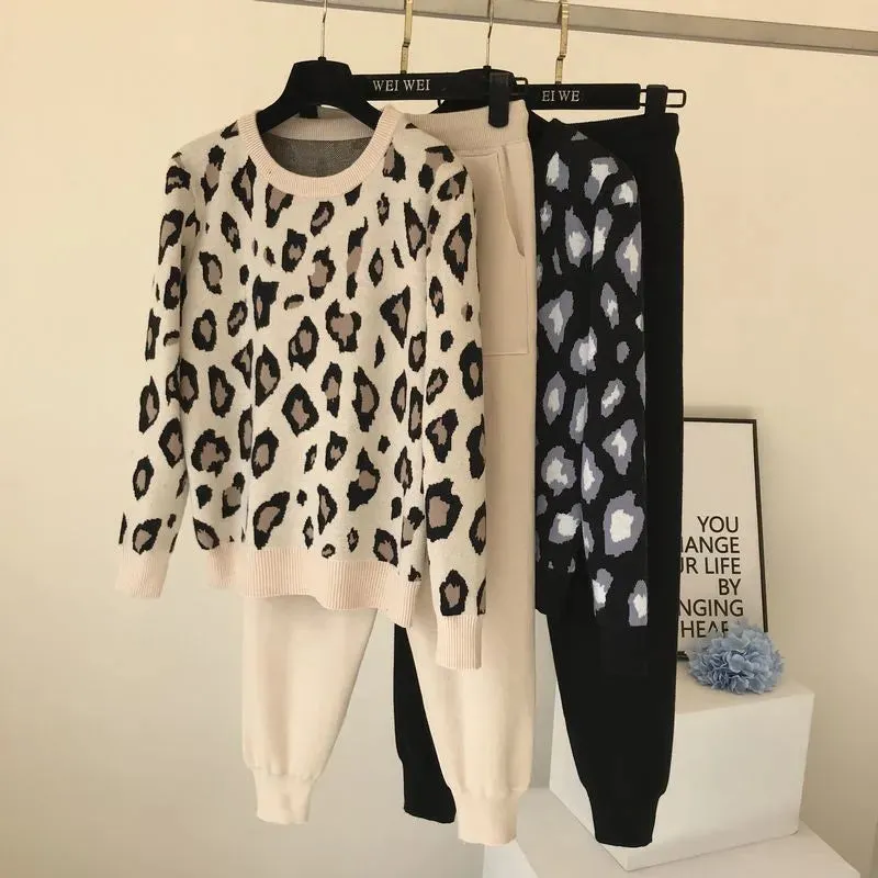 Amolapha Women Knit Leopard Pullover Sweaters Pants Sets Woman Fashion Jumpers Trousers 2 PCS Costumes Outfit 201007