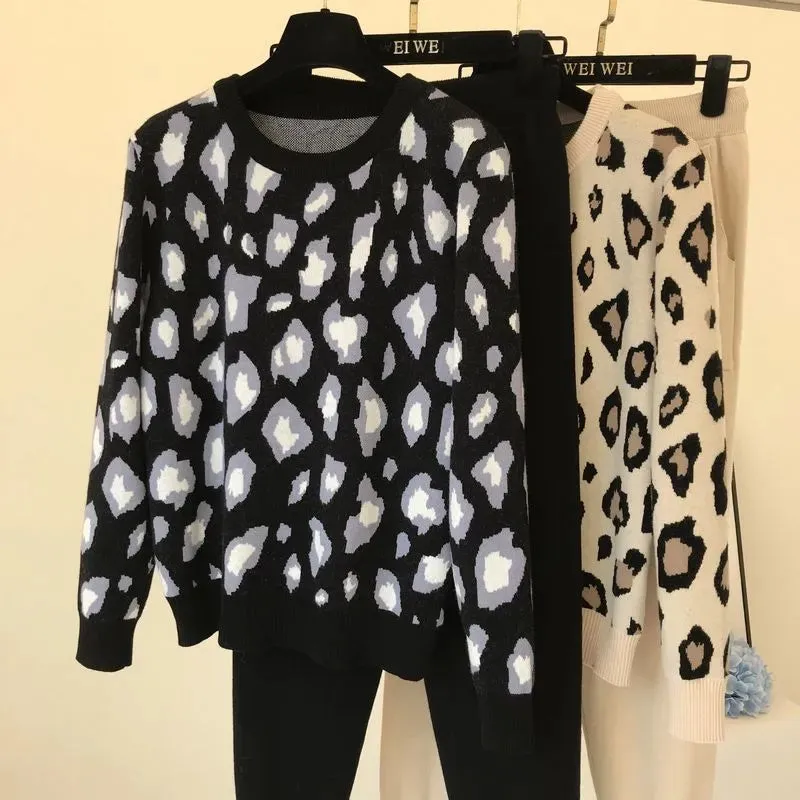 Amolapha Women Knit Leopard Pullover Sweaters Pants Sets Woman Fashion Jumpers Trousers 2 PCS Costumes Outfit 201007