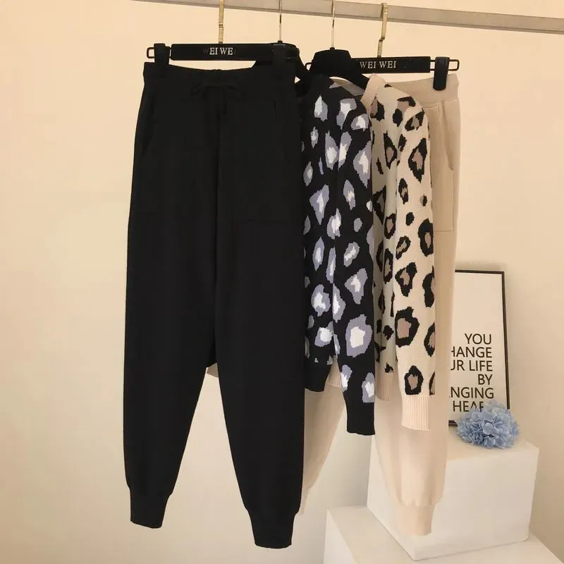 Amolapha Women Knit Leopard Pullover Sweaters Pants Sets Woman Fashion Jumpers Trousers 2 PCS Costumes Outfit 201007