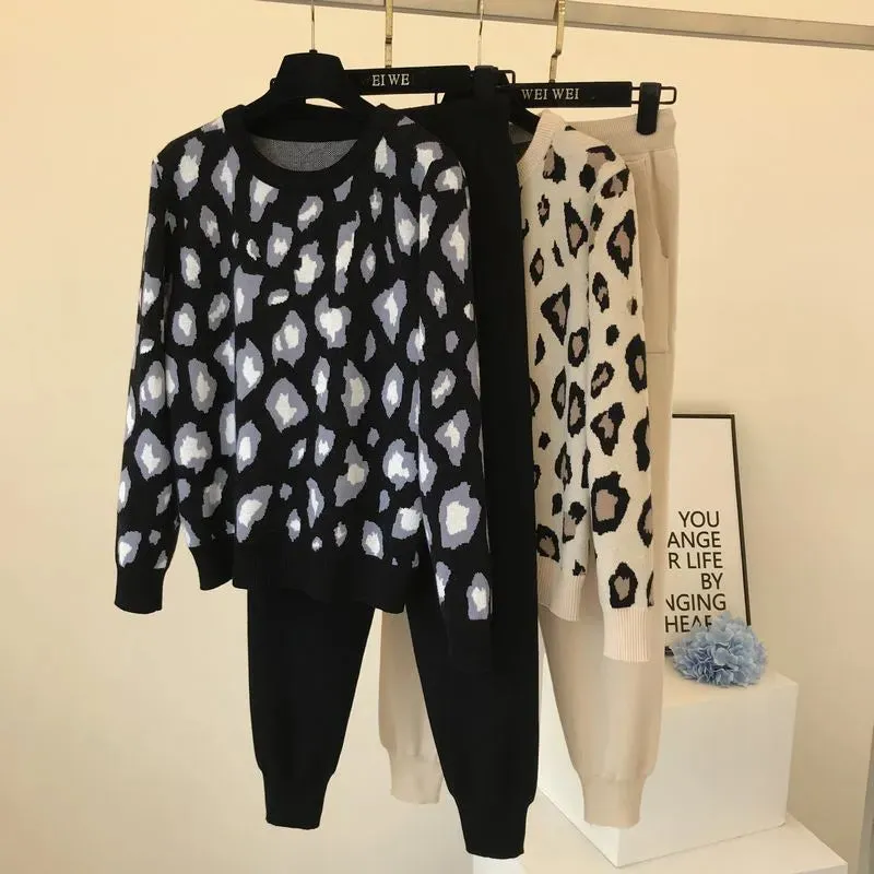 Amolapha Women Knit Leopard Pullover Sweaters Pants Sets Woman Fashion Jumpers Trousers 2 PCS Costumes Outfit 201007