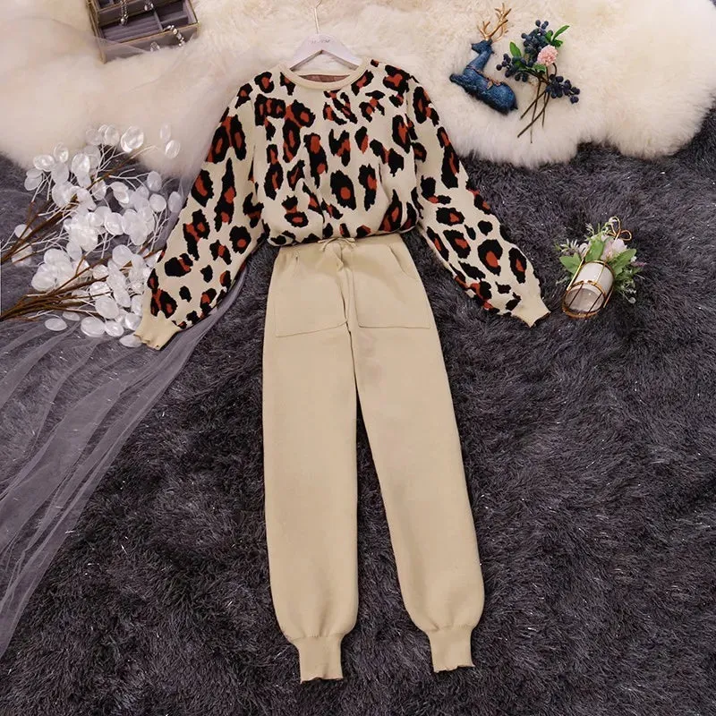 Amolapha Women Knit Leopard Pullover Sweaters Pants Sets Woman Fashion Jumpers Trousers 2 PCS Costumes Outfit 201007