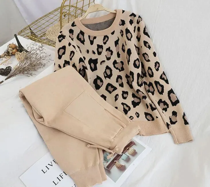 Amolapha Women Knit Leopard Pullover Sweaters Pants Sets Woman Fashion Jumpers Trousers 2 PCS Costumes Outfit 201007