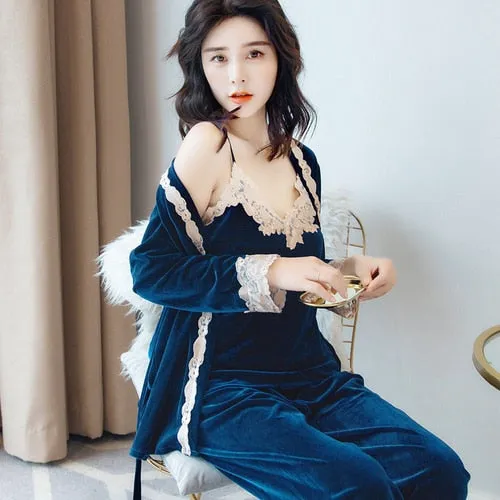 Autumn Winter Warm Pajamas Set Women Sling Deep Gold Velvet Sexy Homewear 3PCS Women Pajama Sets Long Pant Set Robe Women