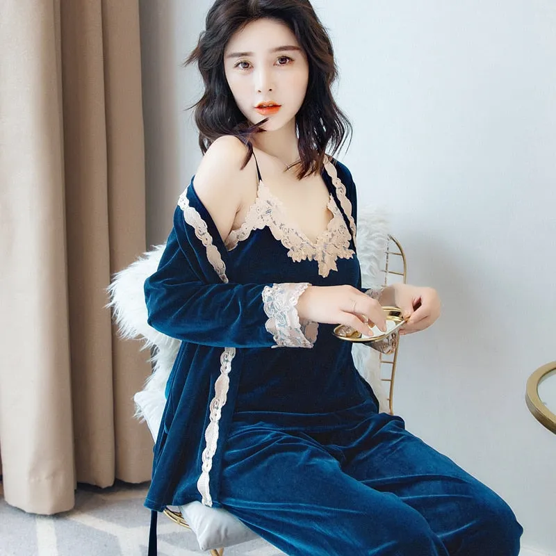 Autumn Winter Warm Pajamas Set Women Sling Deep Gold Velvet Sexy Homewear 3PCS Women Pajama Sets Long Pant Set Robe Women