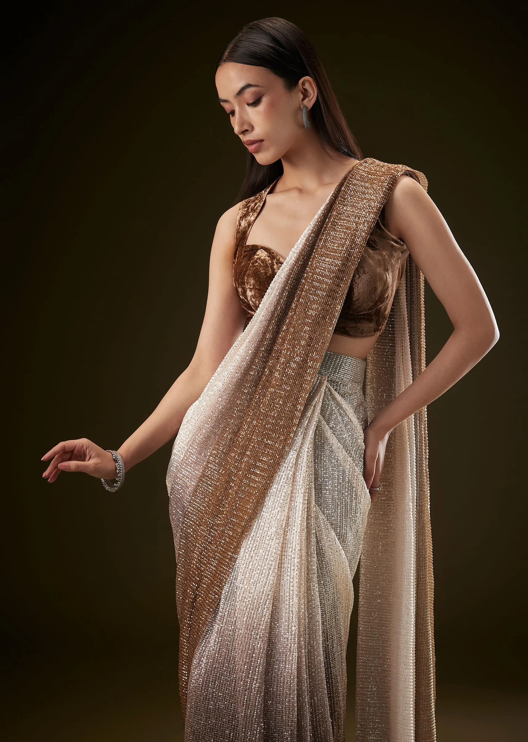 Brown Ombre Sequence Ready To Wear Saree With Velvet Blouse