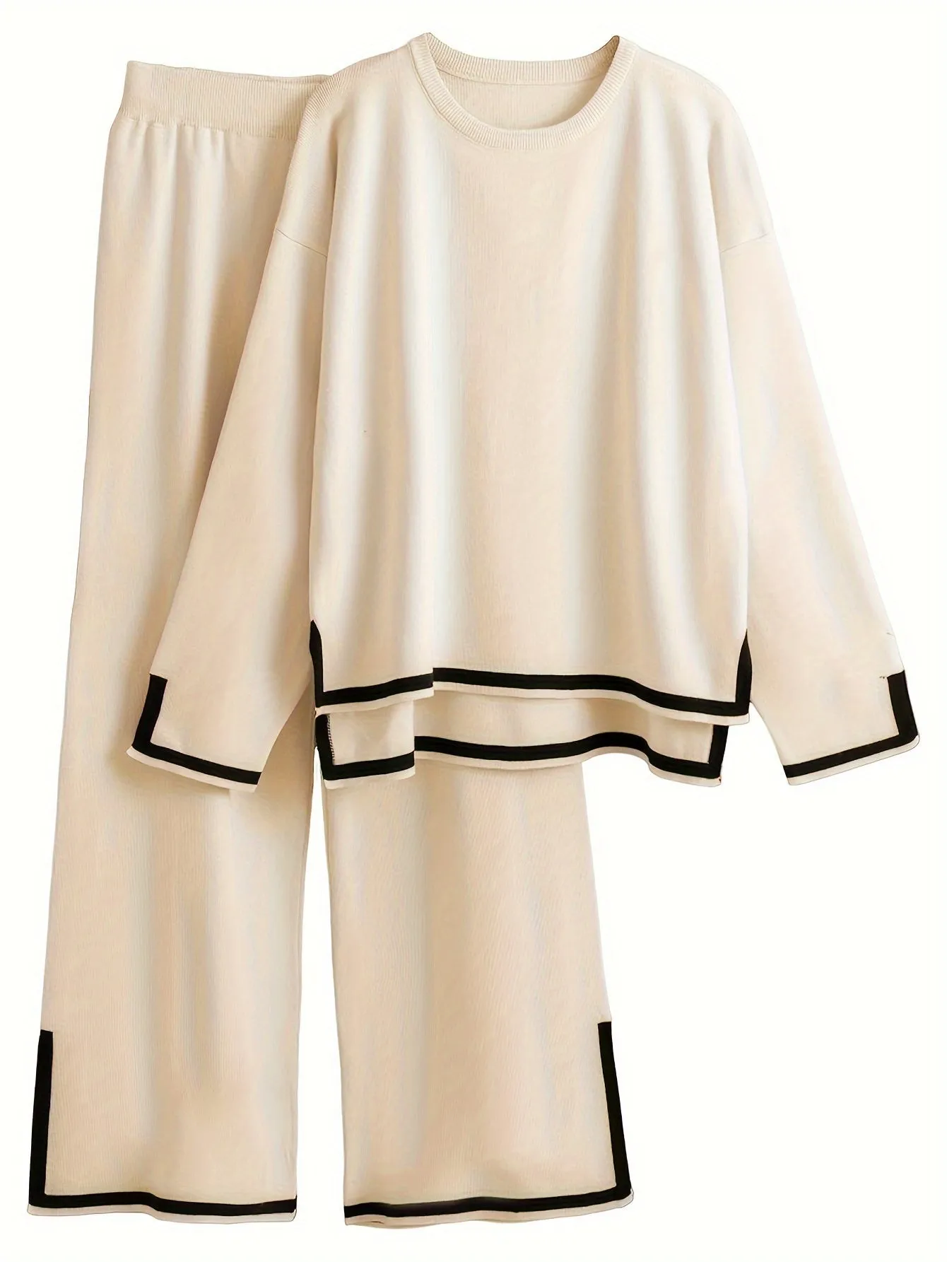 Casual Contrast Trim Fit Tracksuits Two-piece Pants Set, Long Sleeve Crew Neck Sweater & Elastic Waist Pants Outfits, Women's Clothing