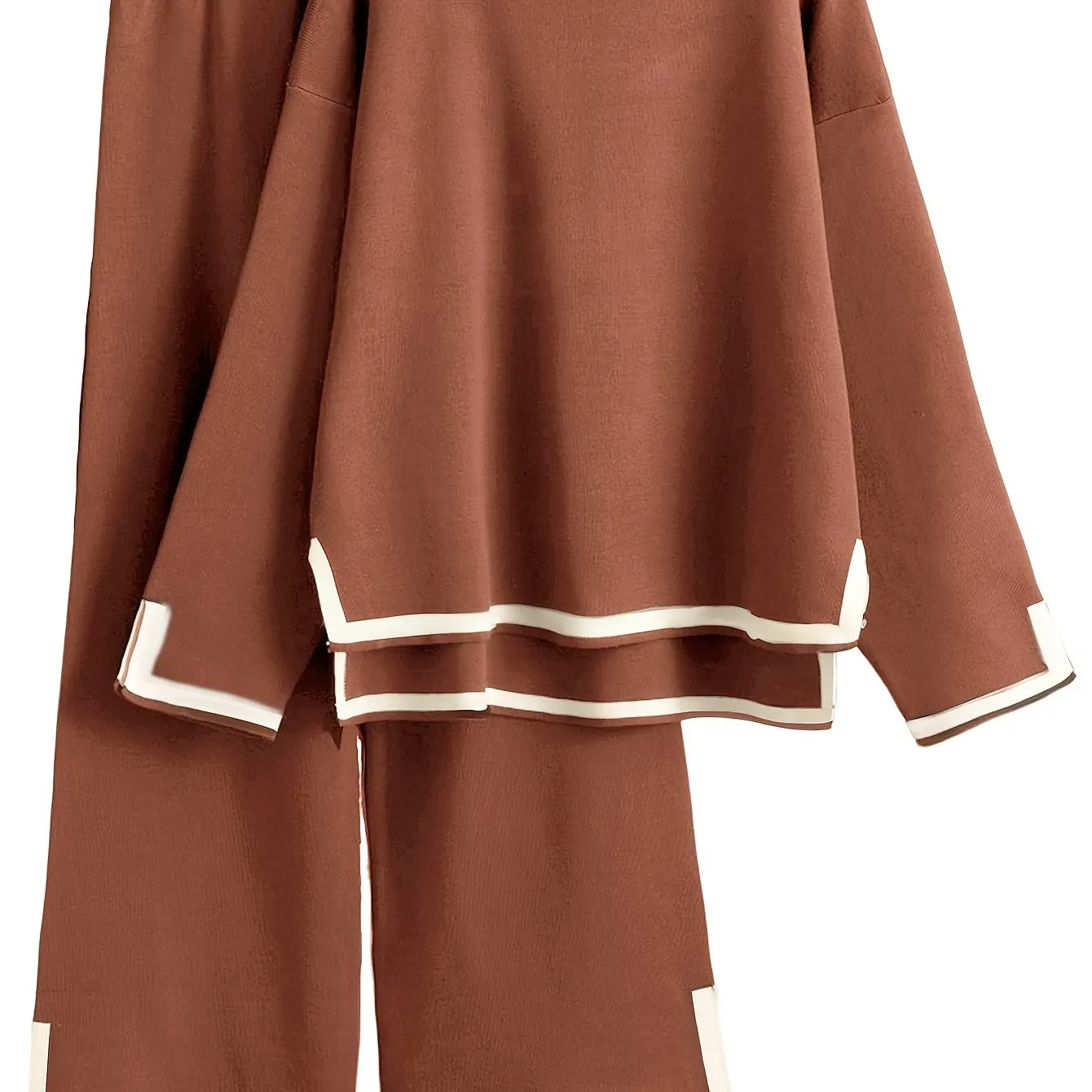Casual Contrast Trim Fit Tracksuits Two-piece Pants Set, Long Sleeve Crew Neck Sweater & Elastic Waist Pants Outfits, Women's Clothing