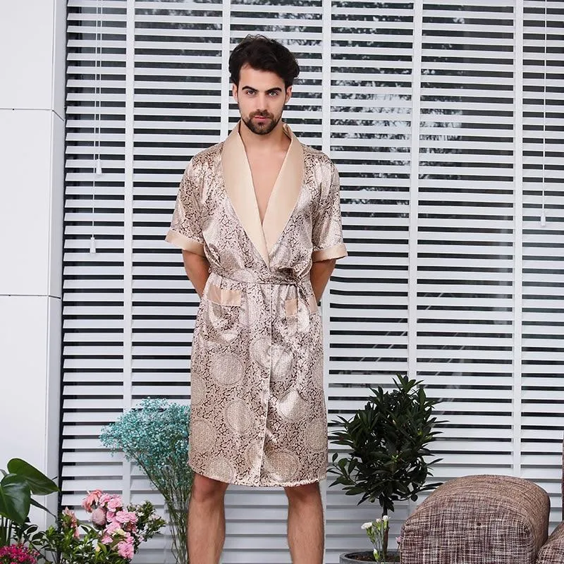 CEARPION Men Satin Bathrobe Plus Size 5XL Sleepwear Long-sleeved Kimono Bath Robe Gown Men Silky Nightgown Print Pyjama