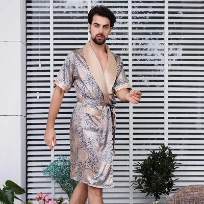 CEARPION Men Satin Bathrobe Plus Size 5XL Sleepwear Long-sleeved Kimono Bath Robe Gown Men Silky Nightgown Print Pyjama