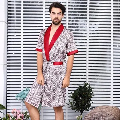 CEARPION Men Satin Bathrobe Plus Size 5XL Sleepwear Long-sleeved Kimono Bath Robe Gown Men Silky Nightgown Print Pyjama