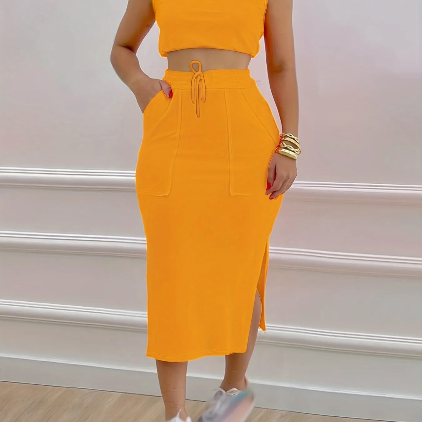 Chic Womens Two-Piece Outfit Set - Sleeveless Tank & Drawstring Split Skirt - Soft Breathable Casual Wear - Adjustable Fit for Fashionable Comfort