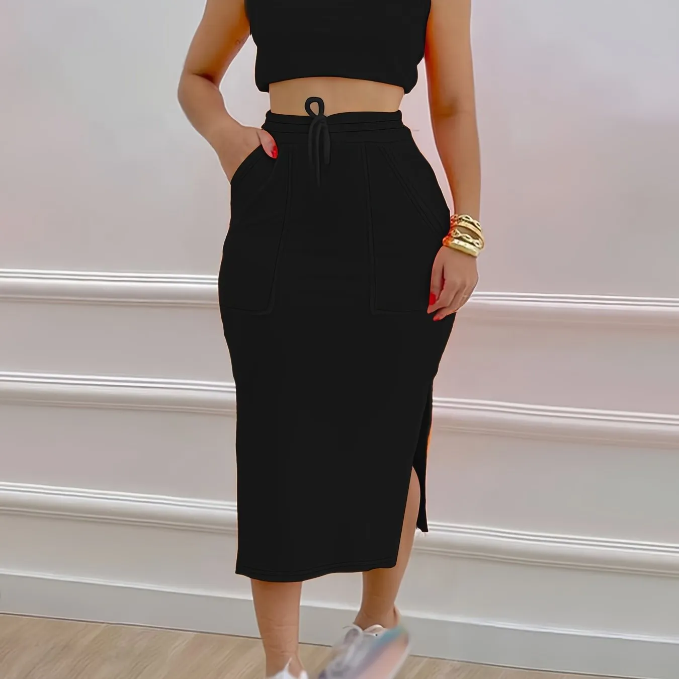 Chic Womens Two-Piece Outfit Set - Sleeveless Tank & Drawstring Split Skirt - Soft Breathable Casual Wear - Adjustable Fit for Fashionable Comfort