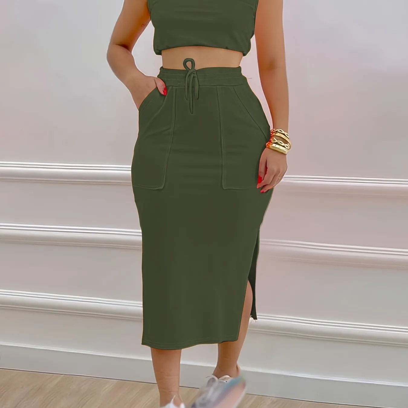 Chic Womens Two-Piece Outfit Set - Sleeveless Tank & Drawstring Split Skirt - Soft Breathable Casual Wear - Adjustable Fit for Fashionable Comfort