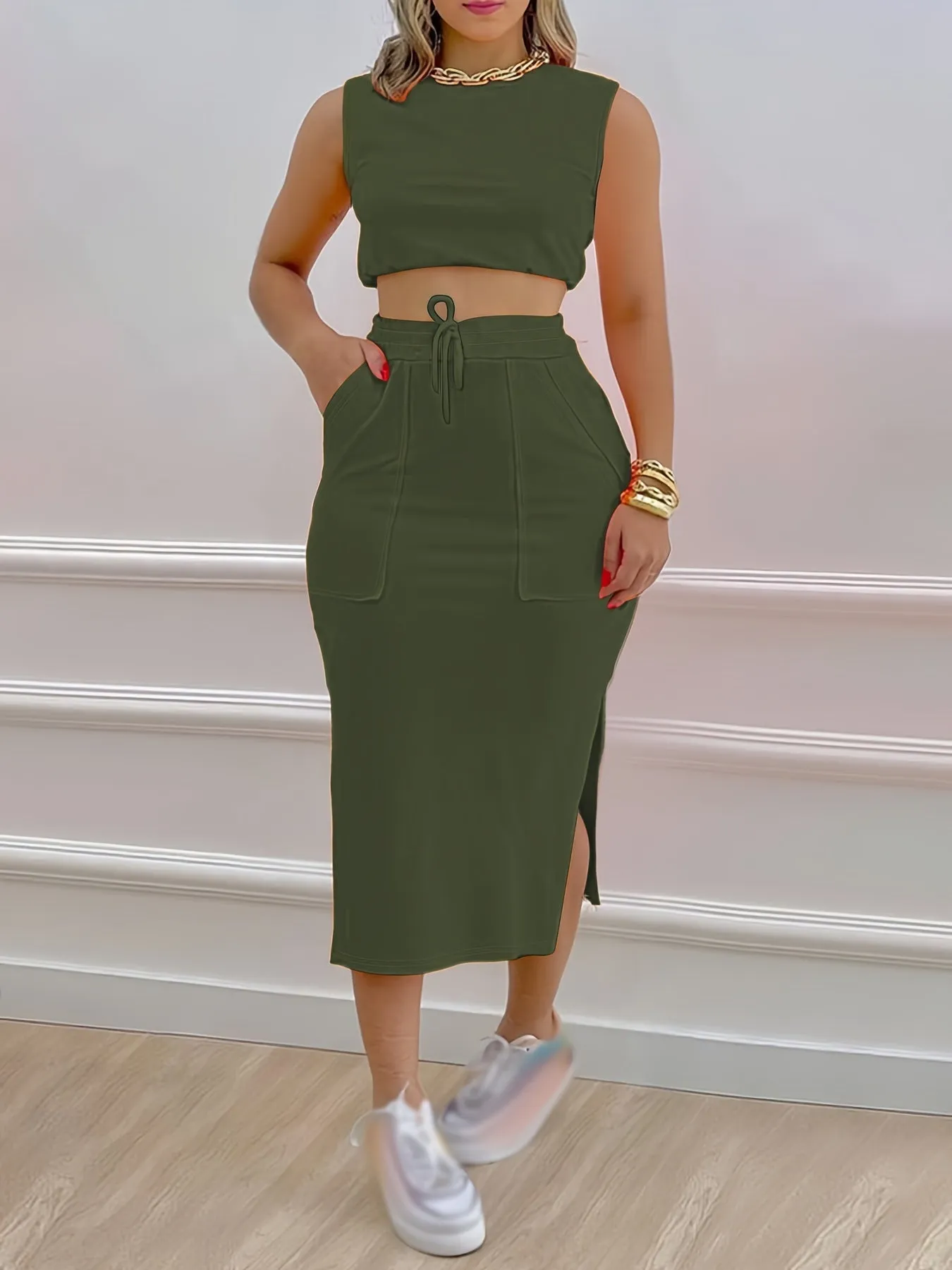 Chic Womens Two-Piece Outfit Set - Sleeveless Tank & Drawstring Split Skirt - Soft Breathable Casual Wear - Adjustable Fit for Fashionable Comfort