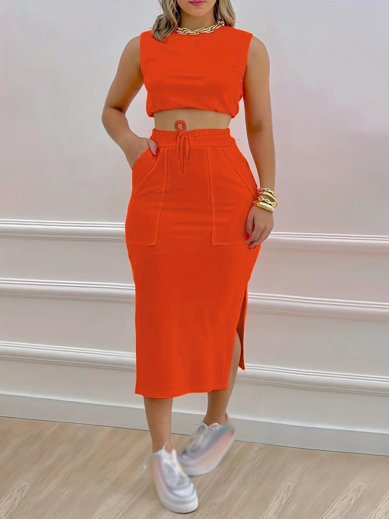Chic Womens Two-Piece Outfit Set - Sleeveless Tank & Drawstring Split Skirt - Soft Breathable Casual Wear - Adjustable Fit for Fashionable Comfort