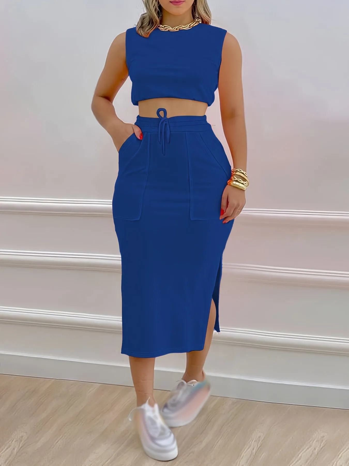 Chic Womens Two-Piece Outfit Set - Sleeveless Tank & Drawstring Split Skirt - Soft Breathable Casual Wear - Adjustable Fit for Fashionable Comfort
