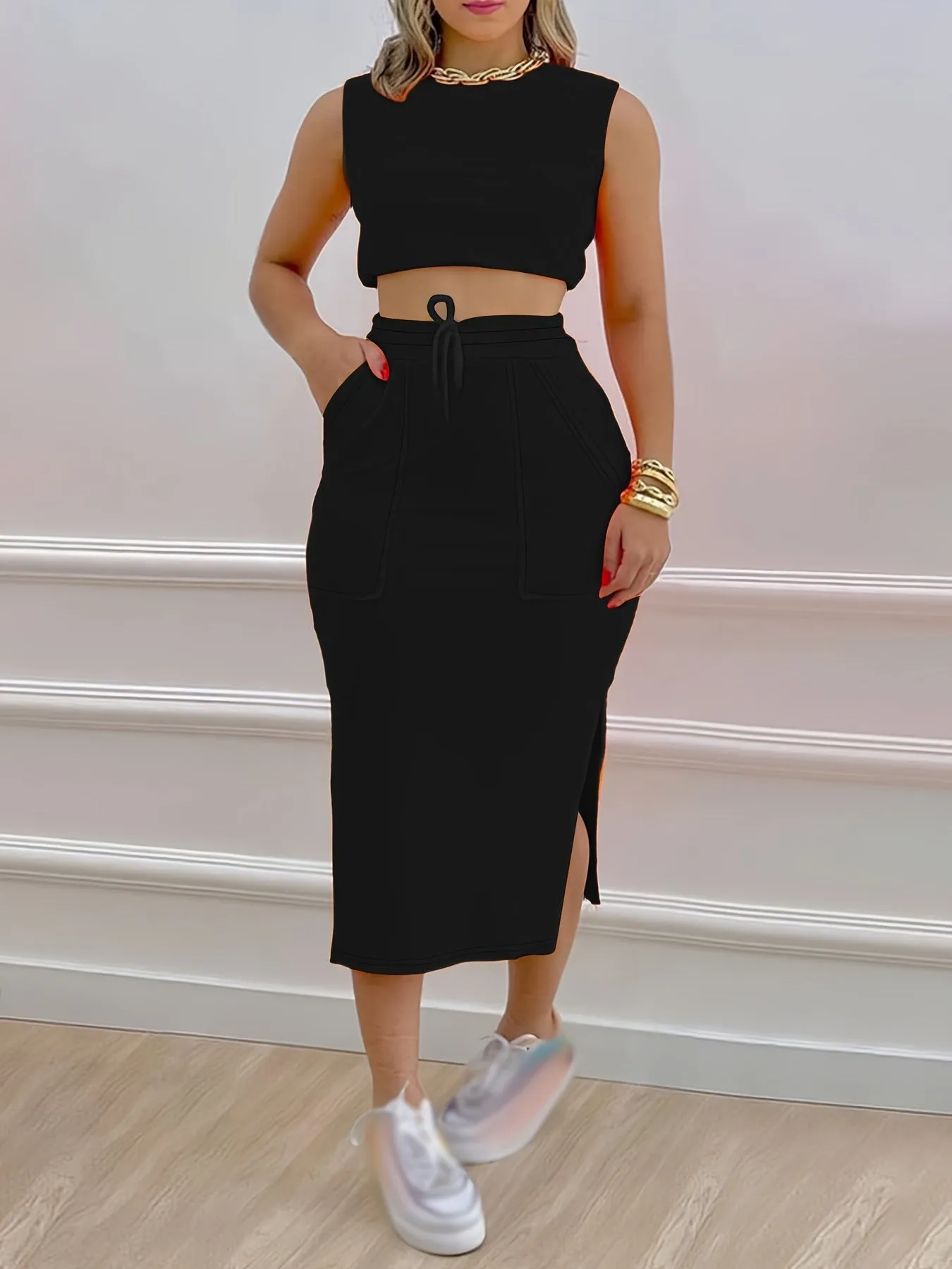 Chic Womens Two-Piece Outfit Set - Sleeveless Tank & Drawstring Split Skirt - Soft Breathable Casual Wear - Adjustable Fit for Fashionable Comfort