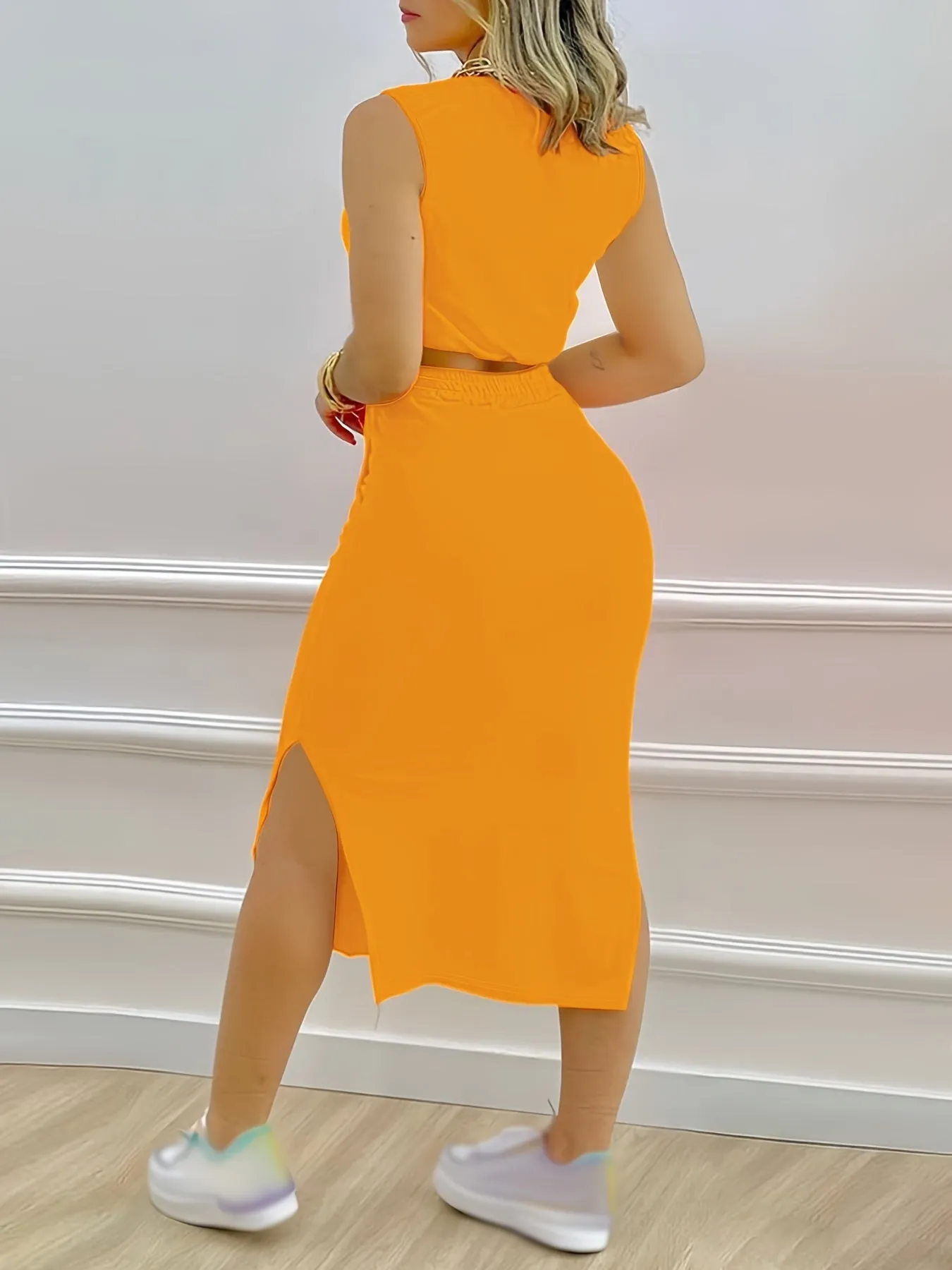 Chic Womens Two-Piece Outfit Set - Sleeveless Tank & Drawstring Split Skirt - Soft Breathable Casual Wear - Adjustable Fit for Fashionable Comfort