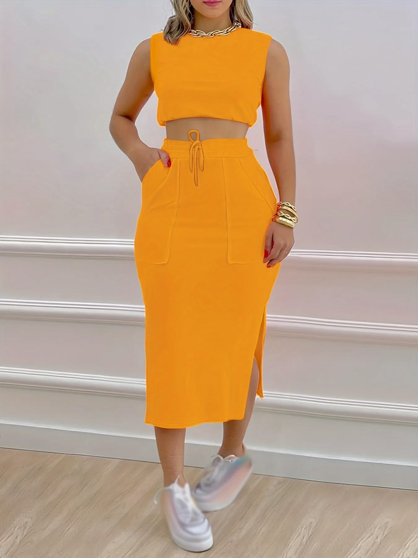 Chic Womens Two-Piece Outfit Set - Sleeveless Tank & Drawstring Split Skirt - Soft Breathable Casual Wear - Adjustable Fit for Fashionable Comfort