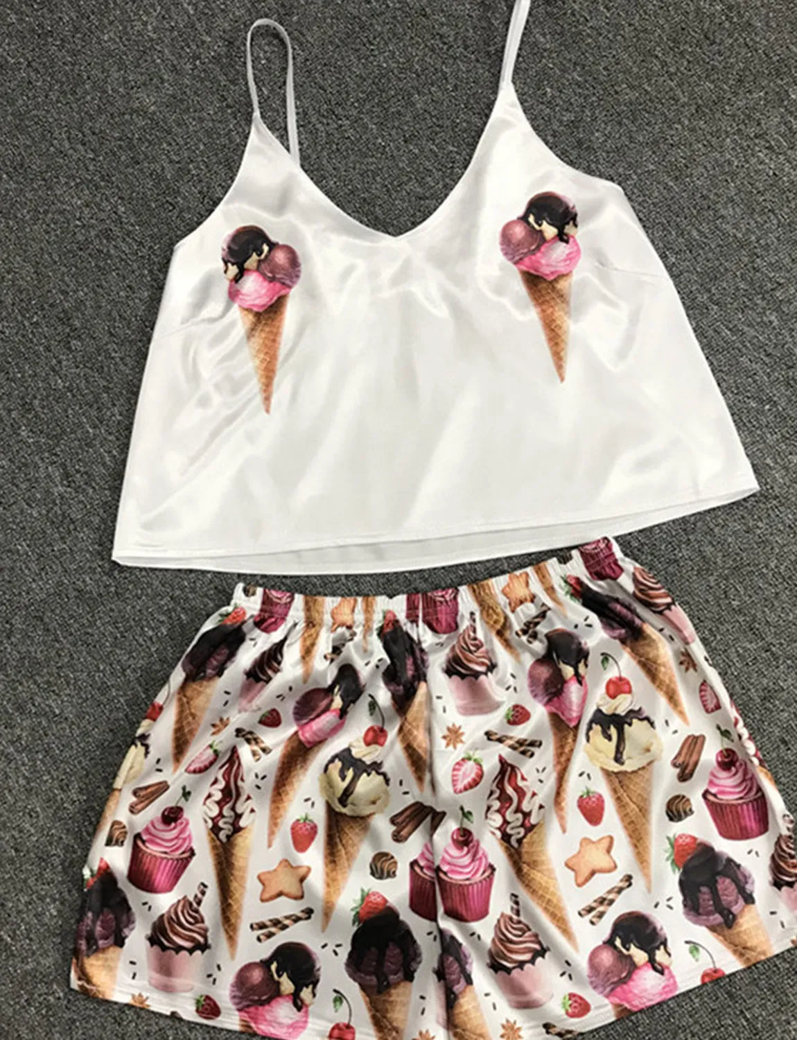 Cute Satin Pattern Cami Shorts Pajamas Set For Women