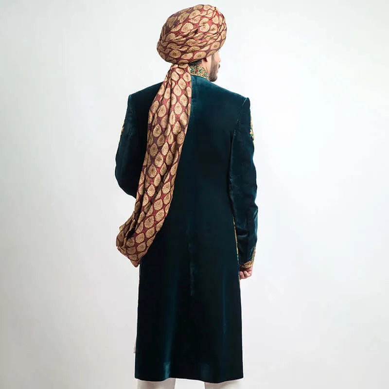 Deep Sea Green Velvet Form Fitted Sherwani