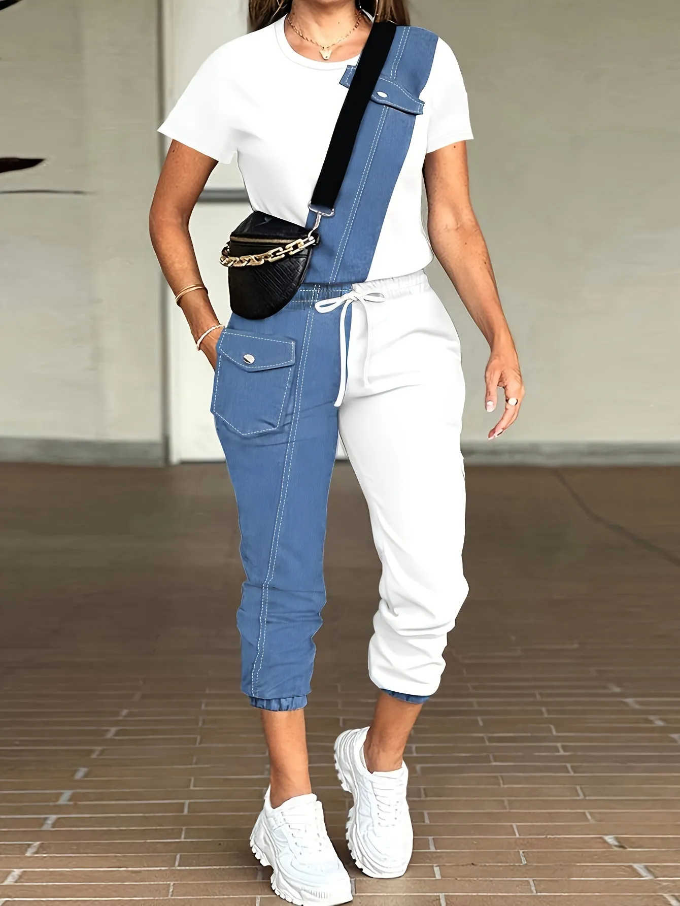 Effortlessly Chic Two-Piece Set - Women's Casual Colorblock Crew Neck Short Sleeve Top with Cozy Drawstring Pants for Daily Wear & Leisure