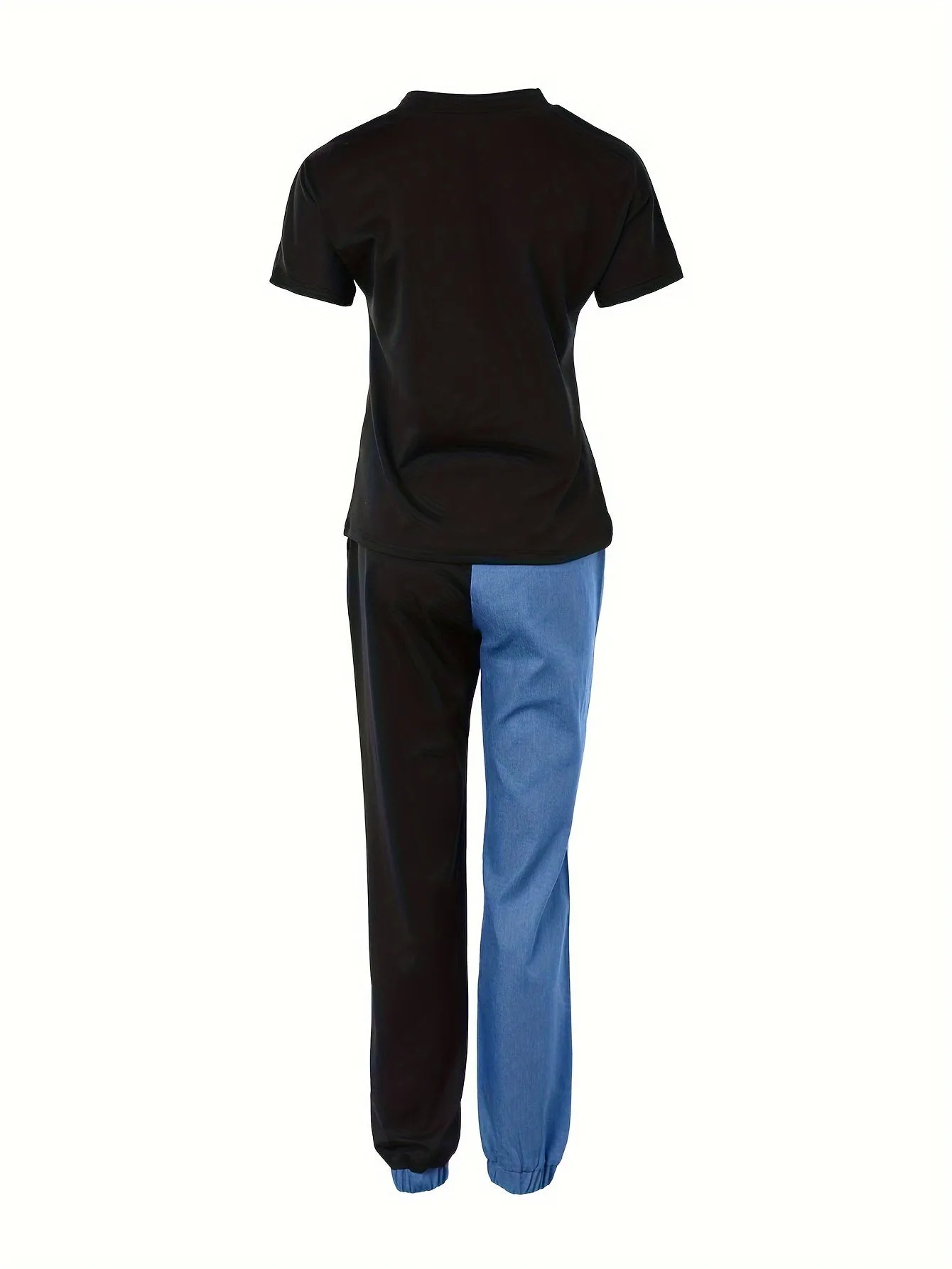 Effortlessly Chic Two-Piece Set - Women's Casual Colorblock Crew Neck Short Sleeve Top with Cozy Drawstring Pants for Daily Wear & Leisure