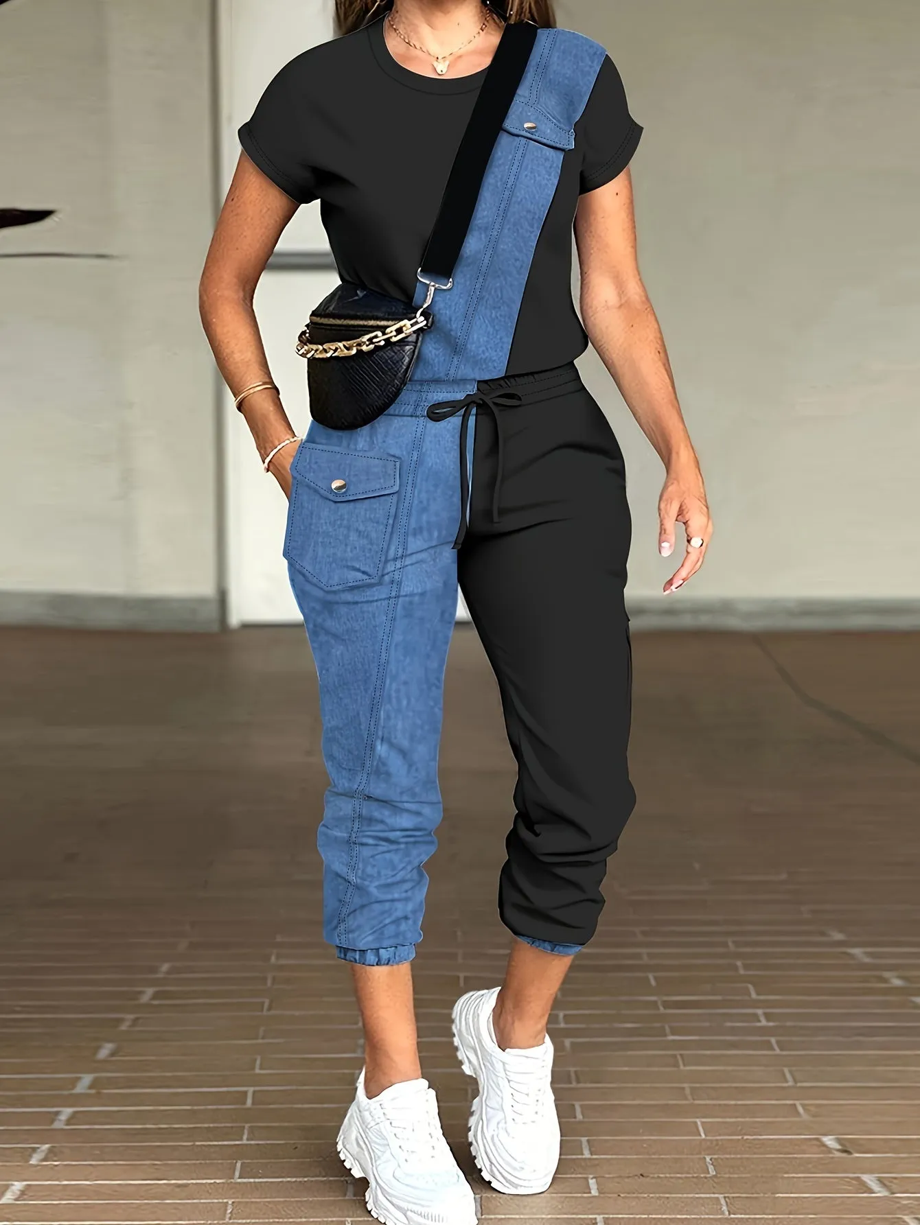 Effortlessly Chic Two-Piece Set - Women's Casual Colorblock Crew Neck Short Sleeve Top with Cozy Drawstring Pants for Daily Wear & Leisure