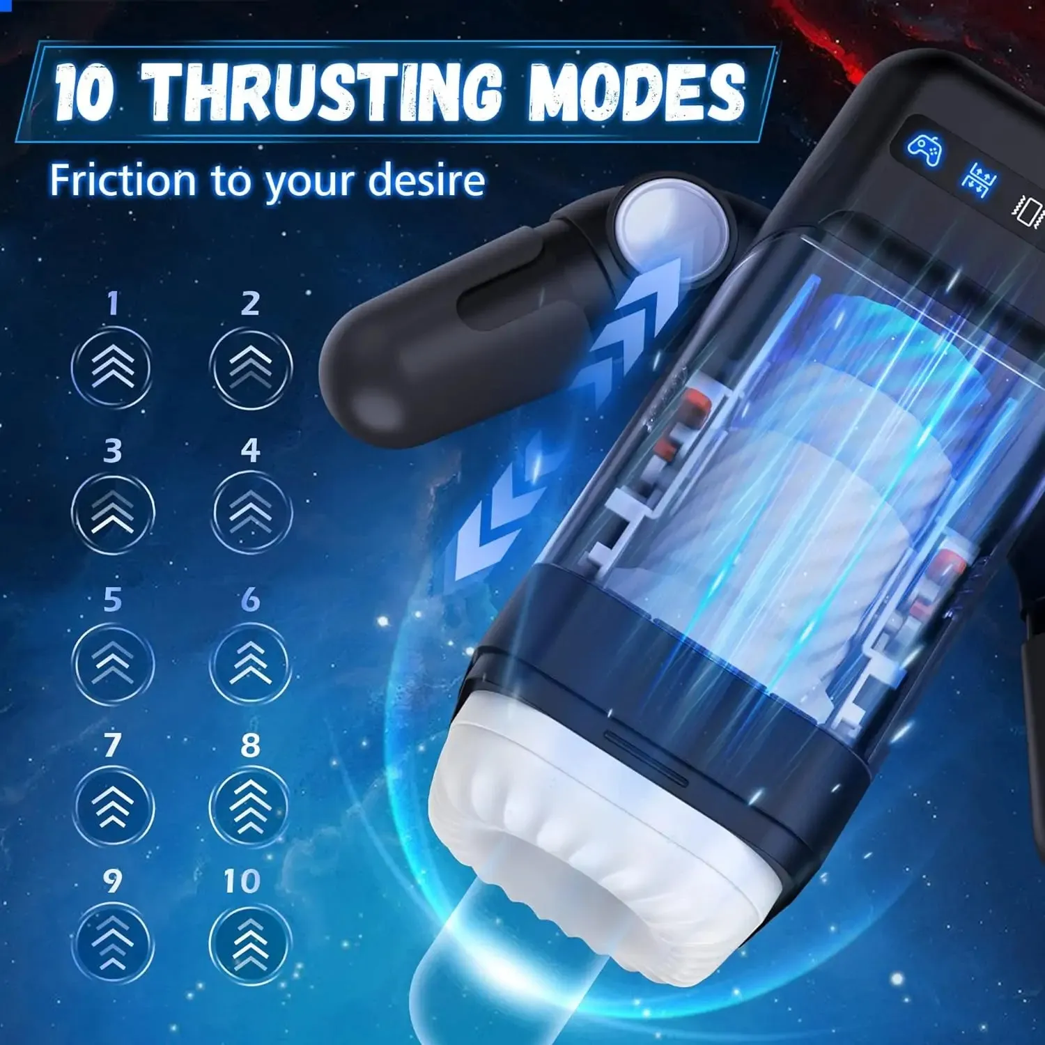 GameCup - Thrusting Male Masturbator with 10 Vibrations & 2 Heating Levels, Adjustable Arm Design