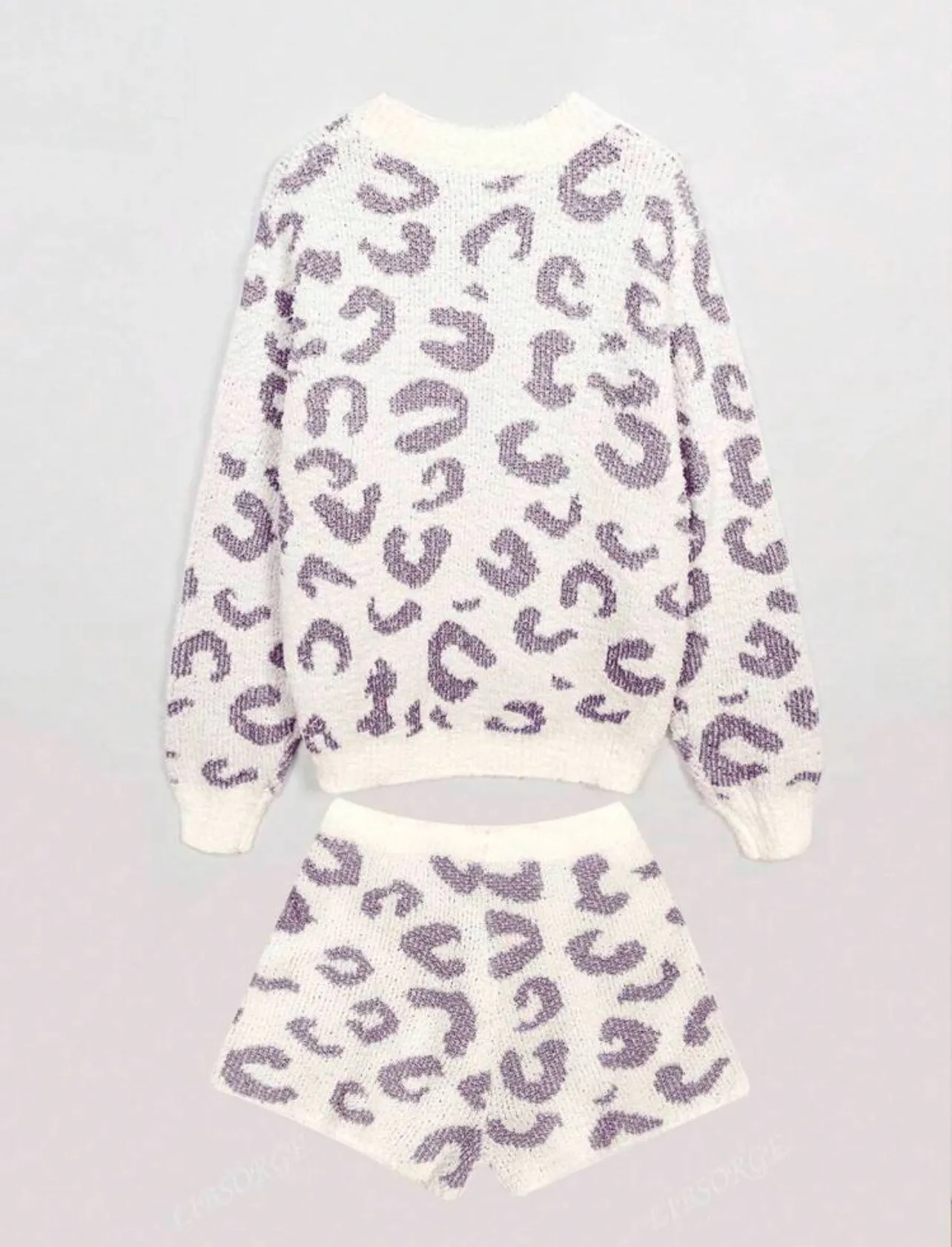 Leopard Print Cozy Plush Lounge Set with Long Sleeve Pullover and Shorts