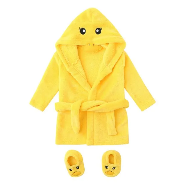 Newborn Baby Layette Boys /Girls Baby Pajamas Cartoon Yellow Duck Style Flannel Bathrobes Hoodie Sleepwear Footwear