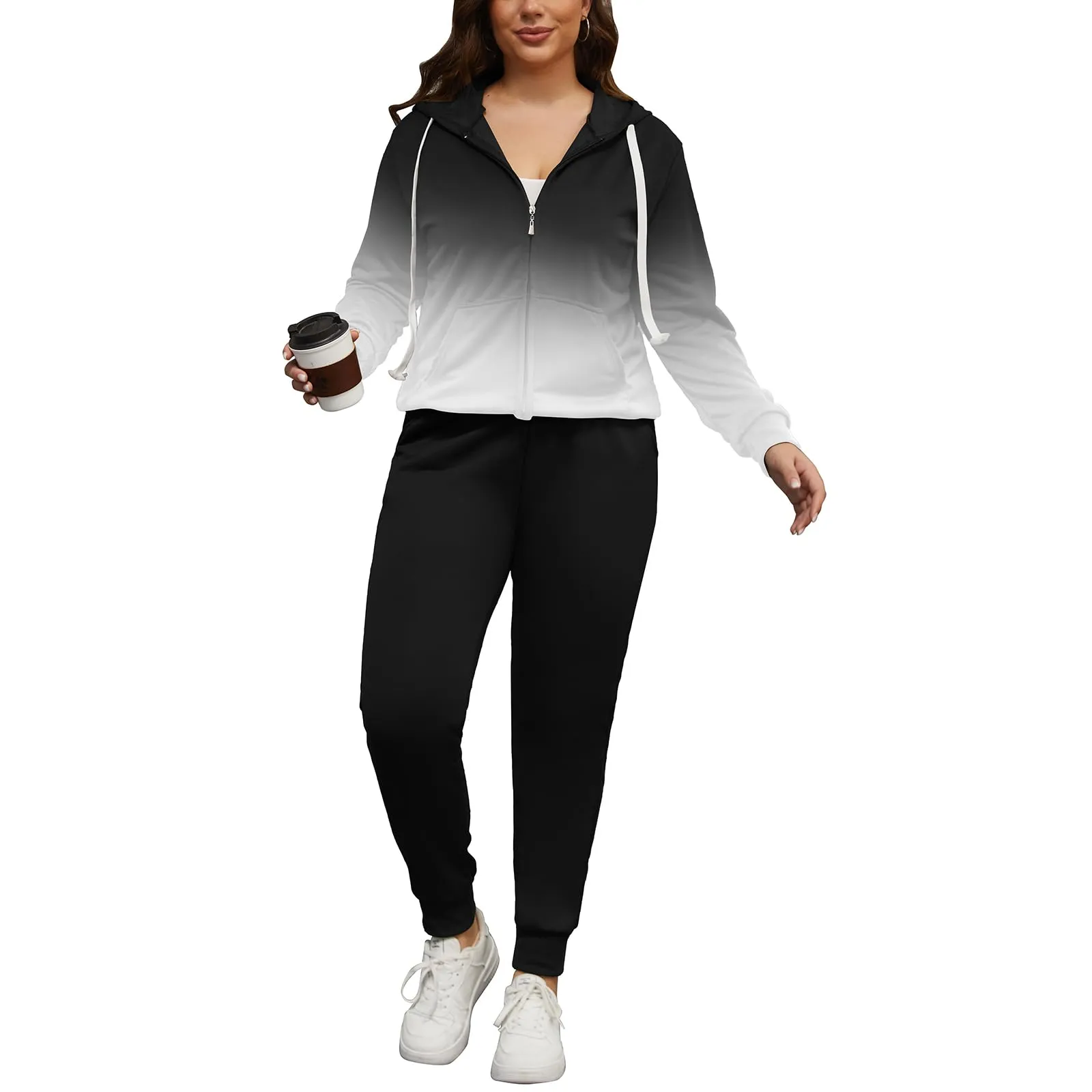 PINSV Women Plus Size 2 Piece Outfits Sweatsuits Hooded Tracksuit Jogging Suits