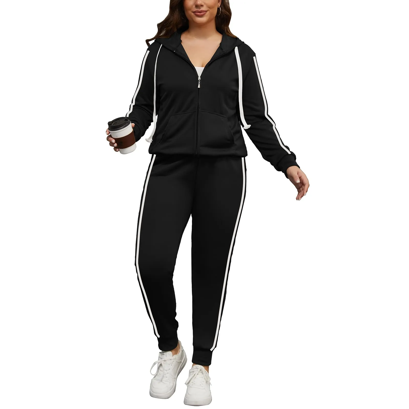 PINSV Women Plus Size 2 Piece Outfits Sweatsuits Hooded Tracksuit Jogging Suits