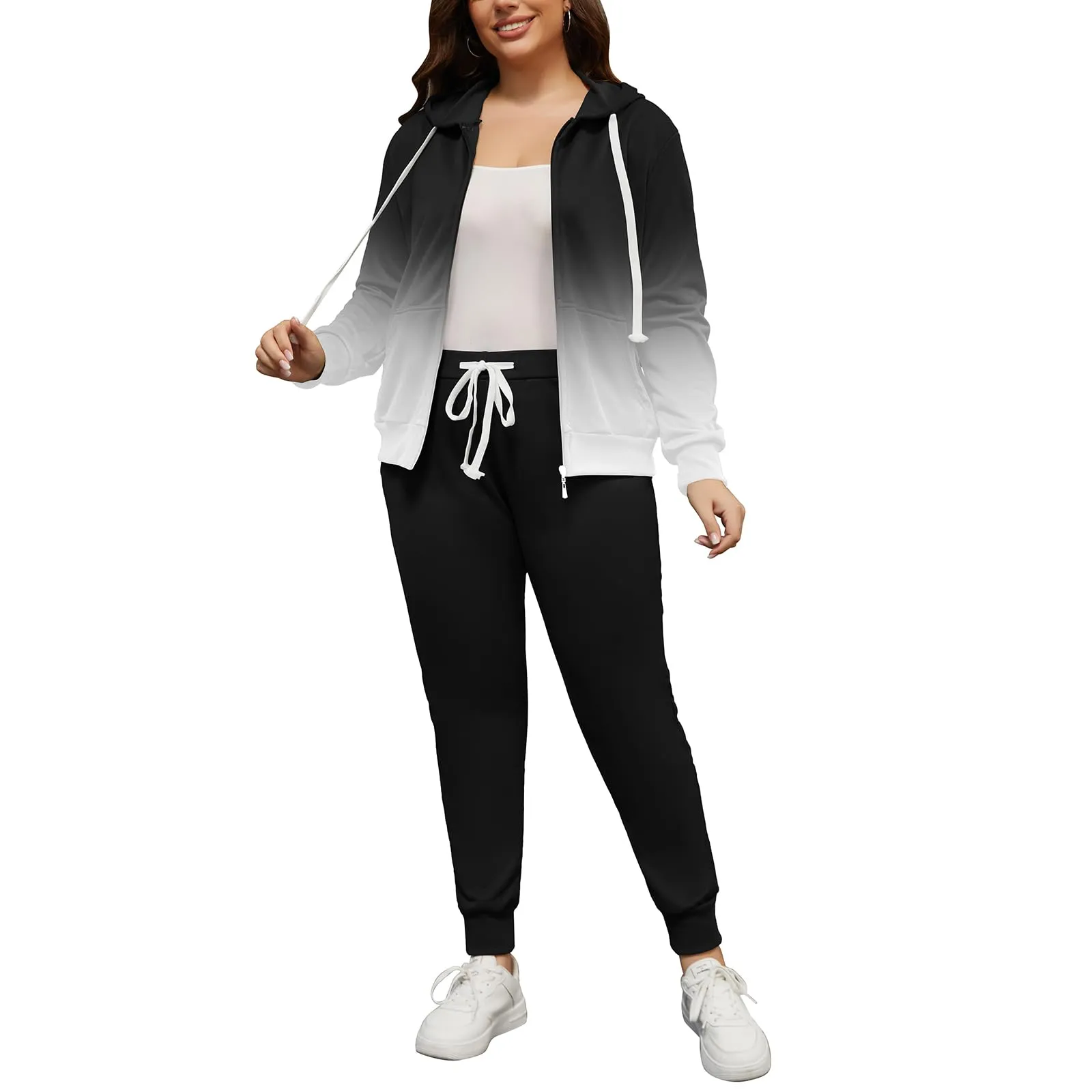 PINSV Women Plus Size 2 Piece Outfits Sweatsuits Hooded Tracksuit Jogging Suits