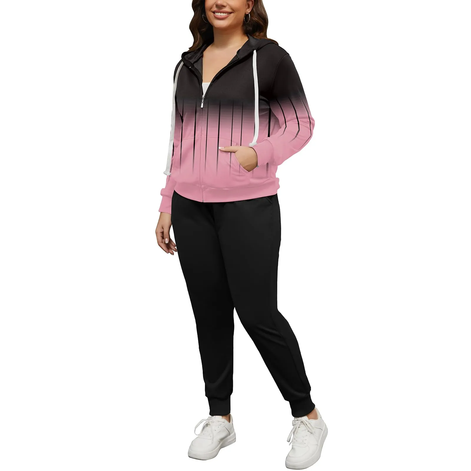 PINSV Women Plus Size 2 Piece Outfits Sweatsuits Hooded Tracksuit Jogging Suits