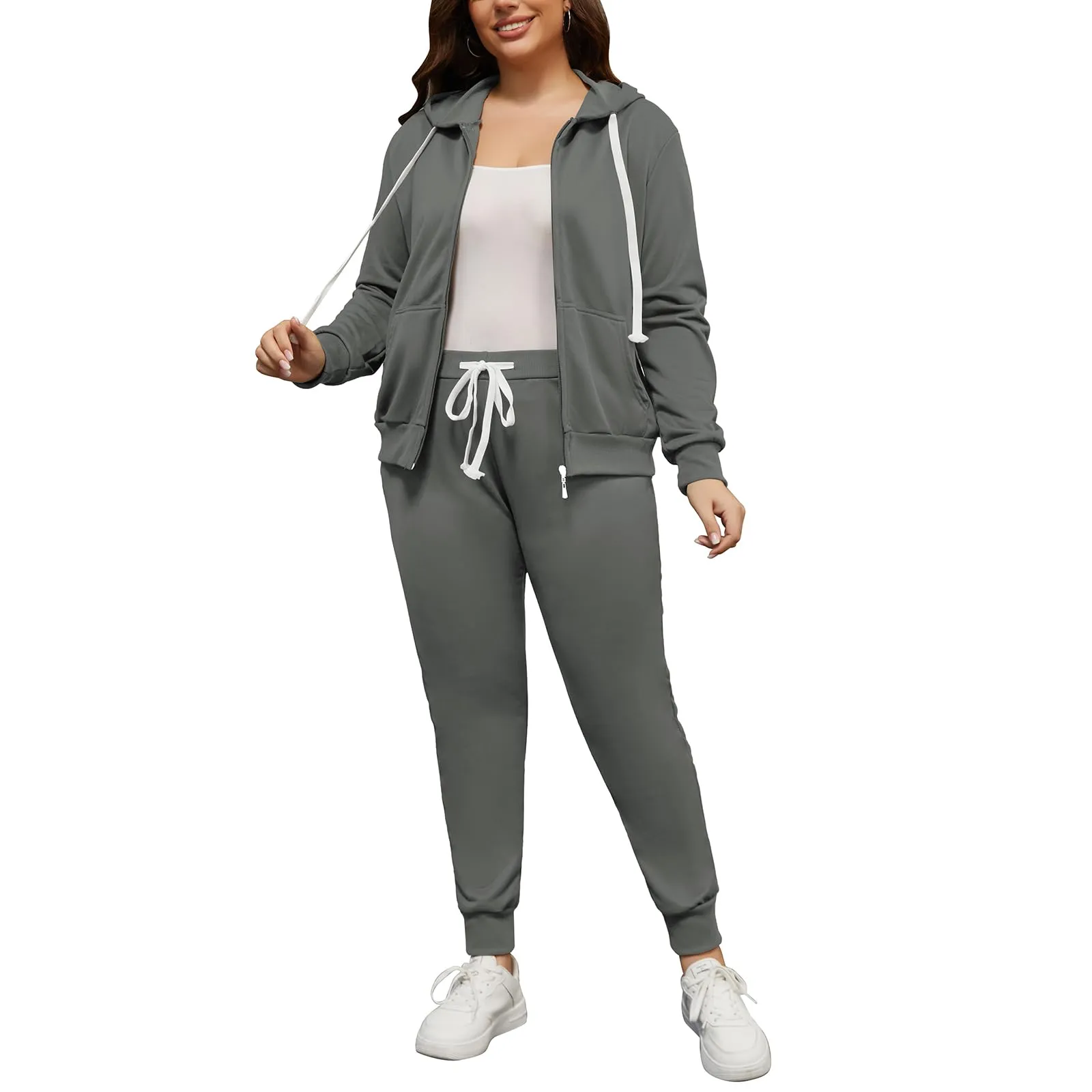 PINSV Women Plus Size 2 Piece Outfits Sweatsuits Hooded Tracksuit Jogging Suits