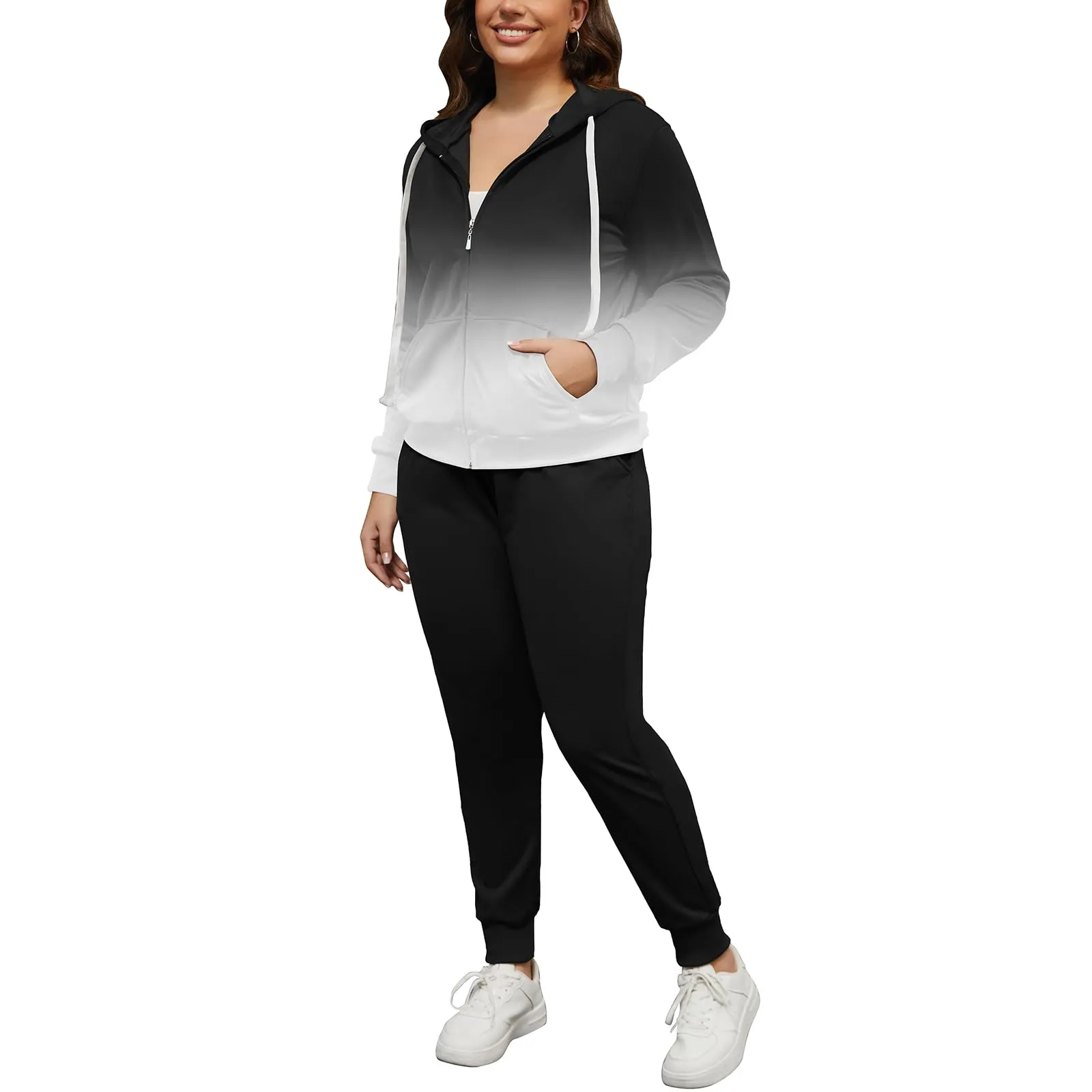 PINSV Women Plus Size 2 Piece Outfits Sweatsuits Hooded Tracksuit Jogging Suits