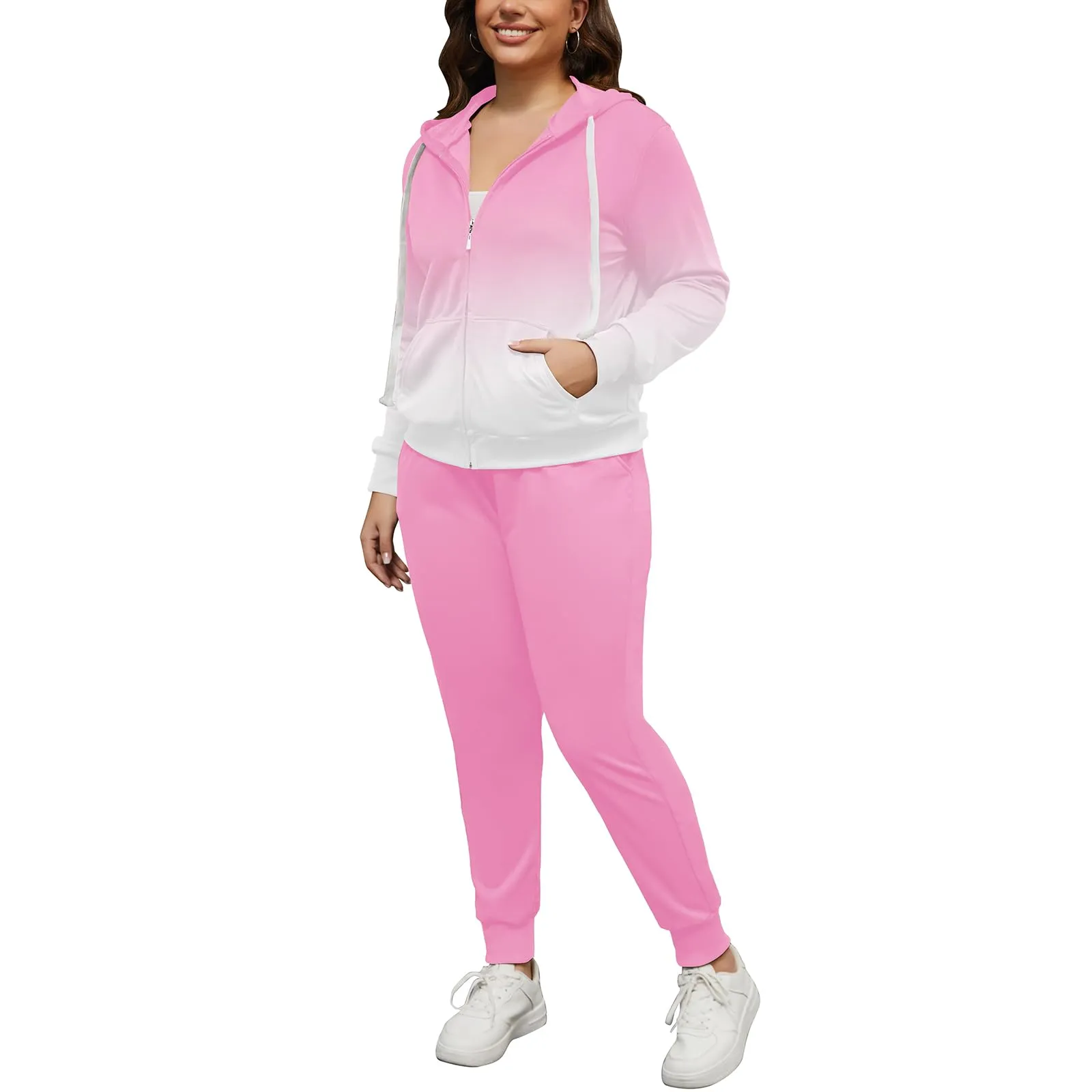 PINSV Women Plus Size 2 Piece Outfits Sweatsuits Hooded Tracksuit Jogging Suits