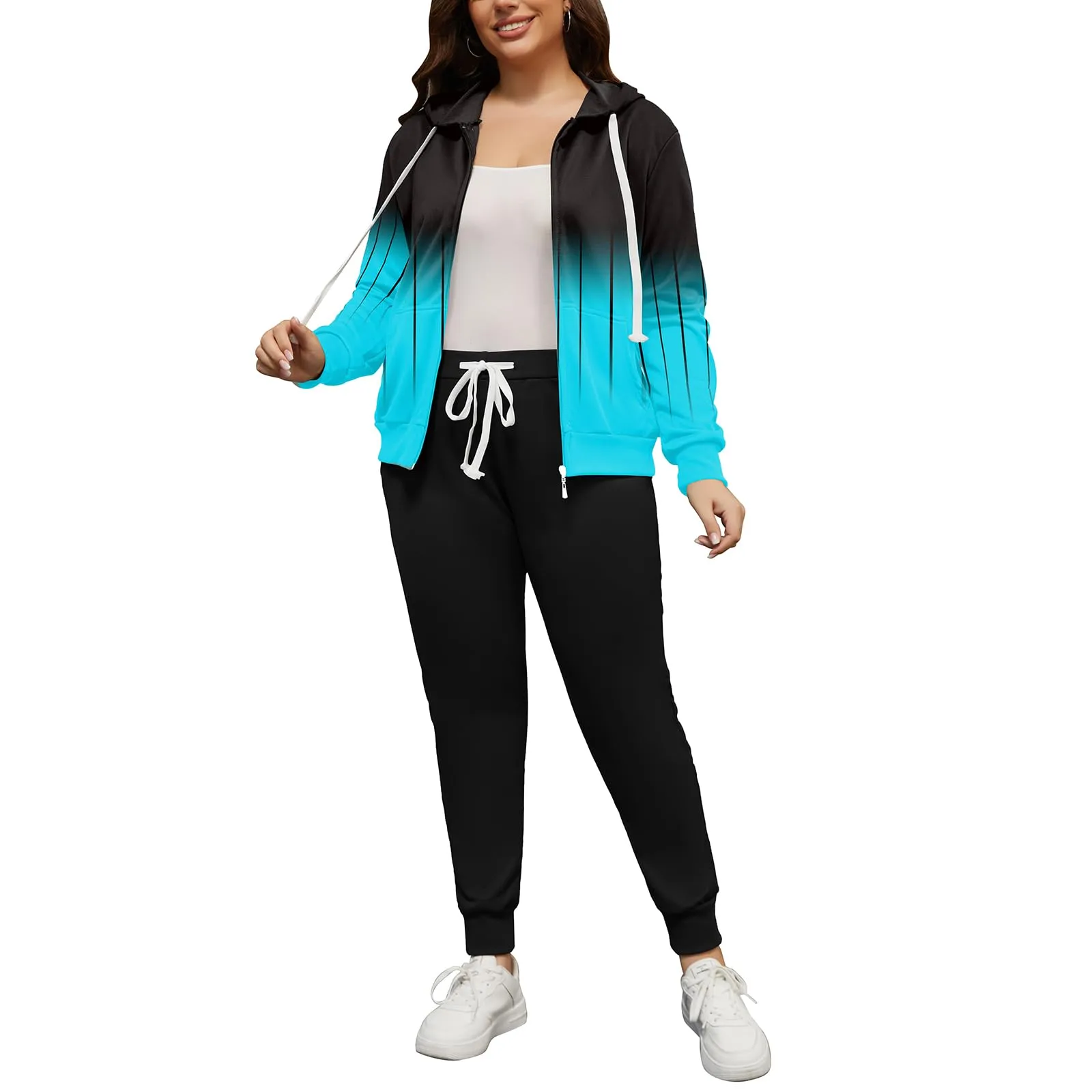 PINSV Women Plus Size 2 Piece Outfits Sweatsuits Hooded Tracksuit Jogging Suits