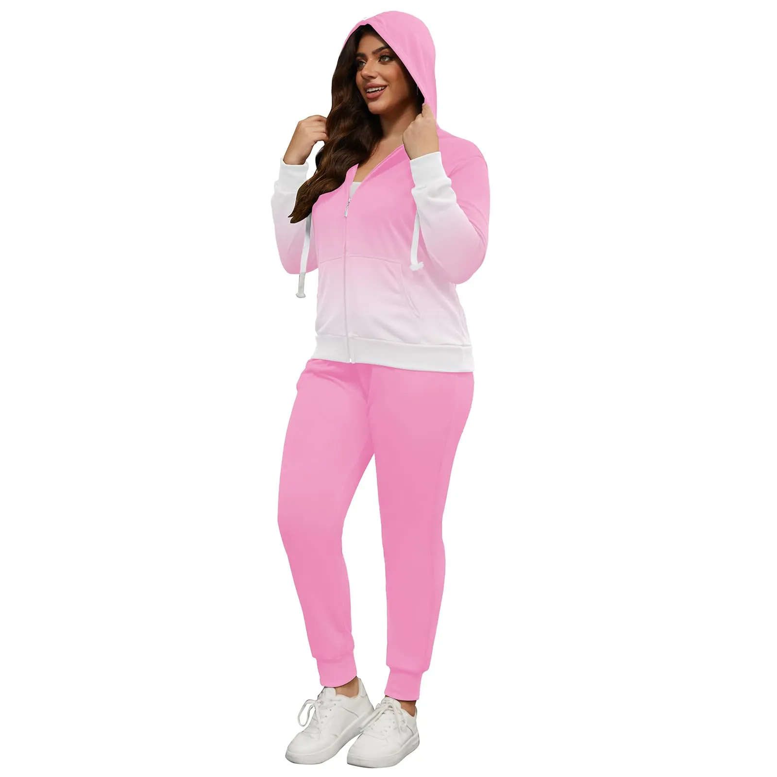 PINSV Women Plus Size 2 Piece Outfits Sweatsuits Hooded Tracksuit Jogging Suits