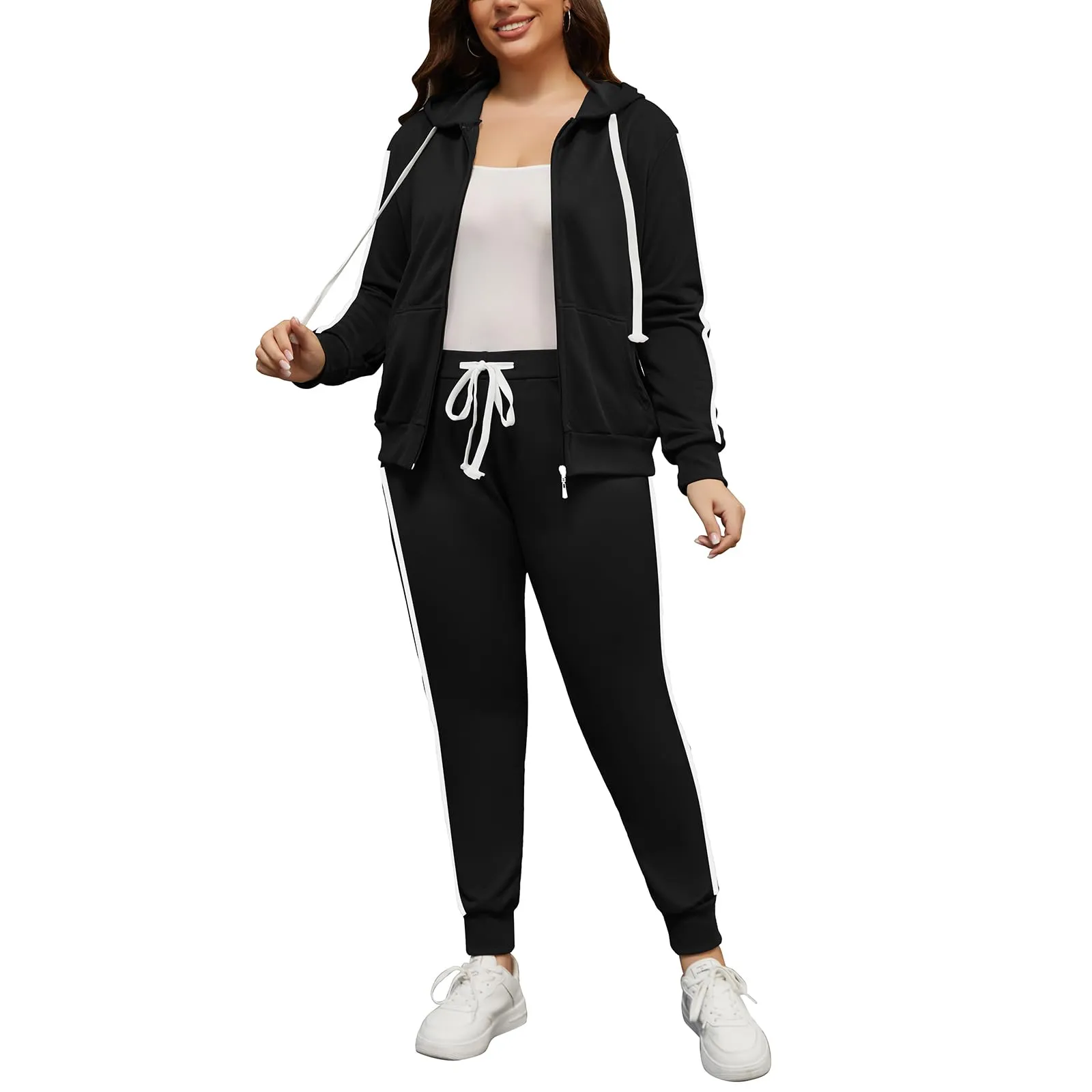 PINSV Women Plus Size 2 Piece Outfits Sweatsuits Hooded Tracksuit Jogging Suits