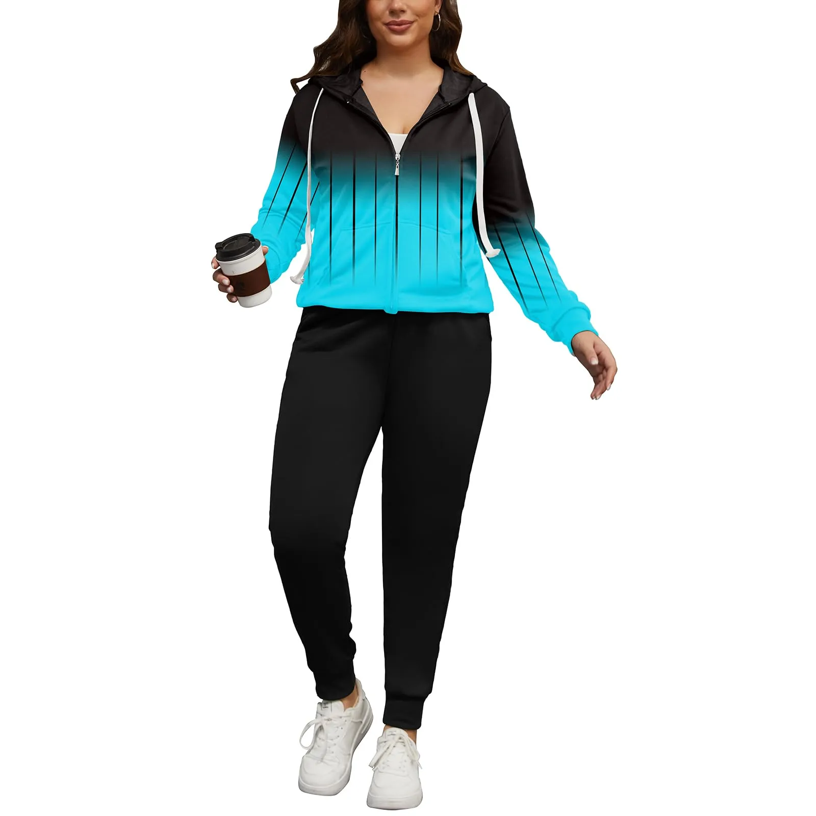PINSV Women Plus Size 2 Piece Outfits Sweatsuits Hooded Tracksuit Jogging Suits
