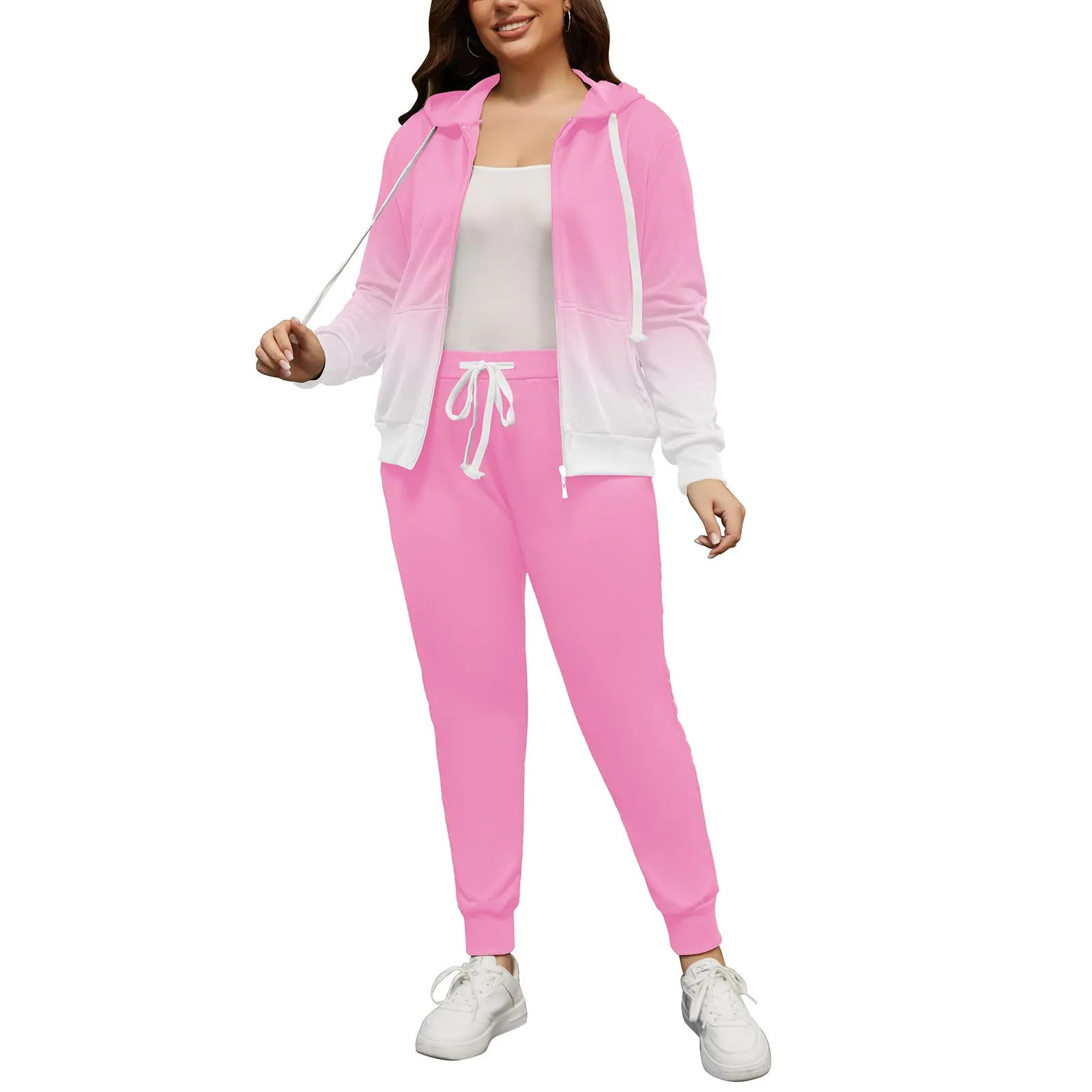 PINSV Women Plus Size 2 Piece Outfits Sweatsuits Hooded Tracksuit Jogging Suits