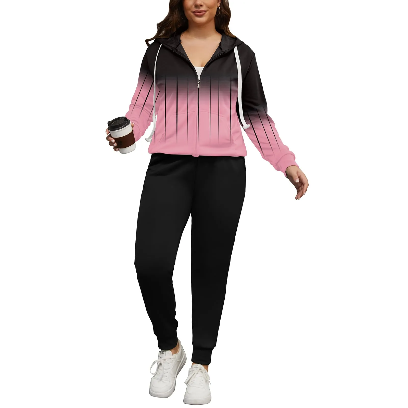 PINSV Women Plus Size 2 Piece Outfits Sweatsuits Hooded Tracksuit Jogging Suits