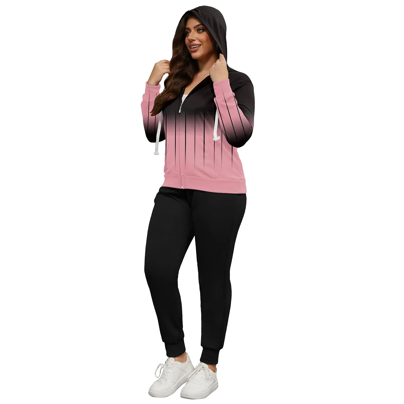 PINSV Women Plus Size 2 Piece Outfits Sweatsuits Hooded Tracksuit Jogging Suits
